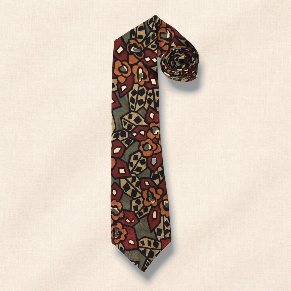Chez Roffe Vintage‎ 90s Necktie Abstract Floral Geometric Rust Olive Tan Wide OS